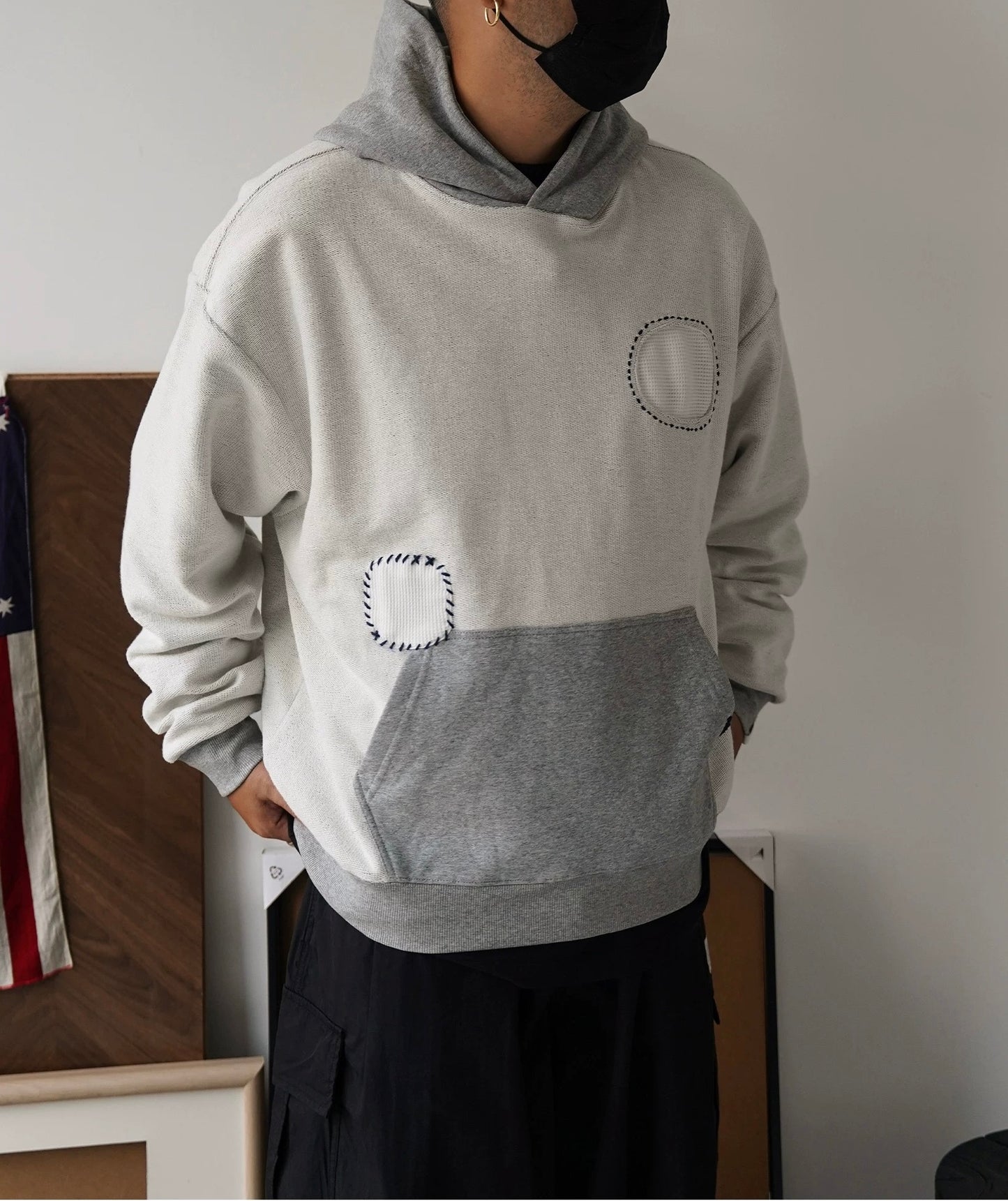 Grey Sashiko Patchwork Hoodie