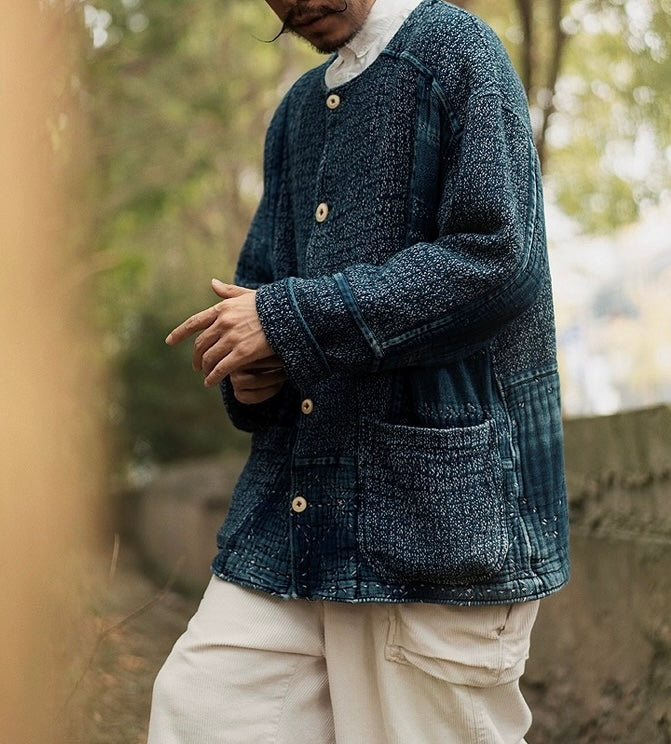 Indigo Dye Sashiko Cherry Blossom Collarless Jacket