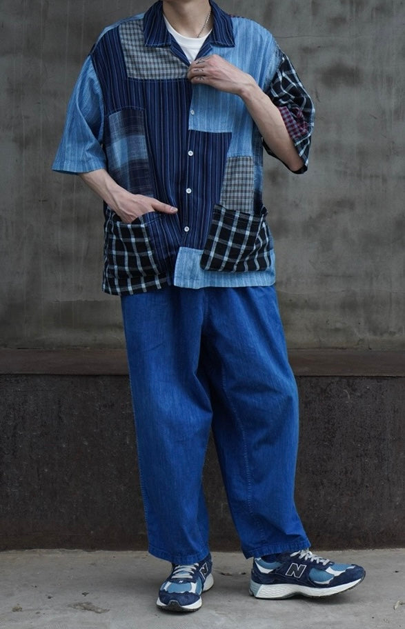 Indigo Dye Patchwork Aloha Shirt