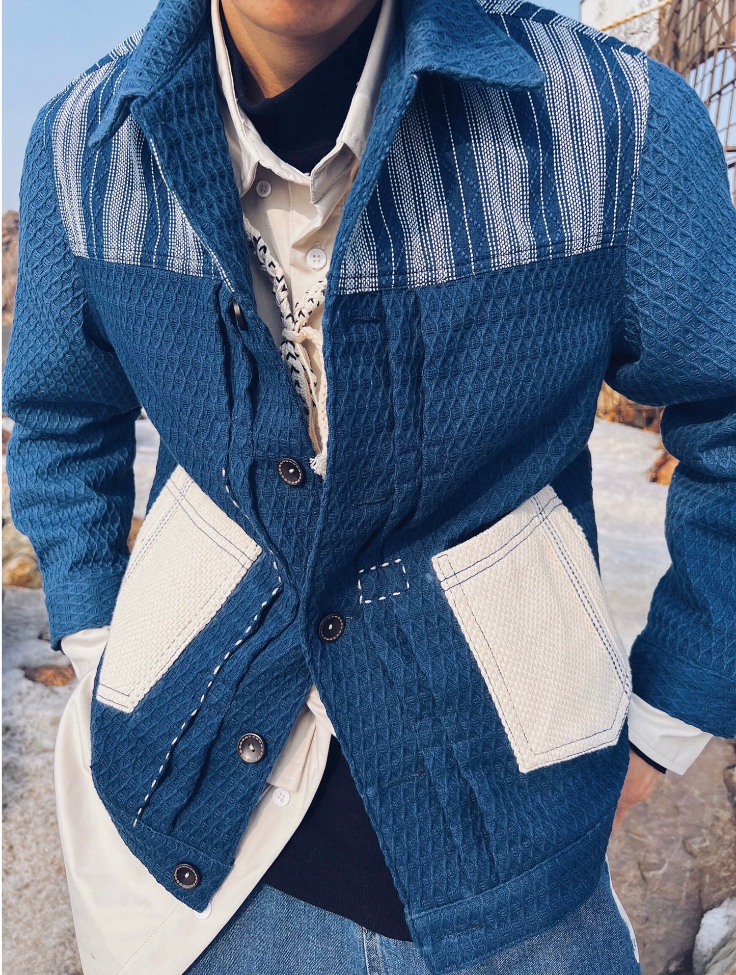 Indigo Dye Patchwork Sashiko Worker Jacket