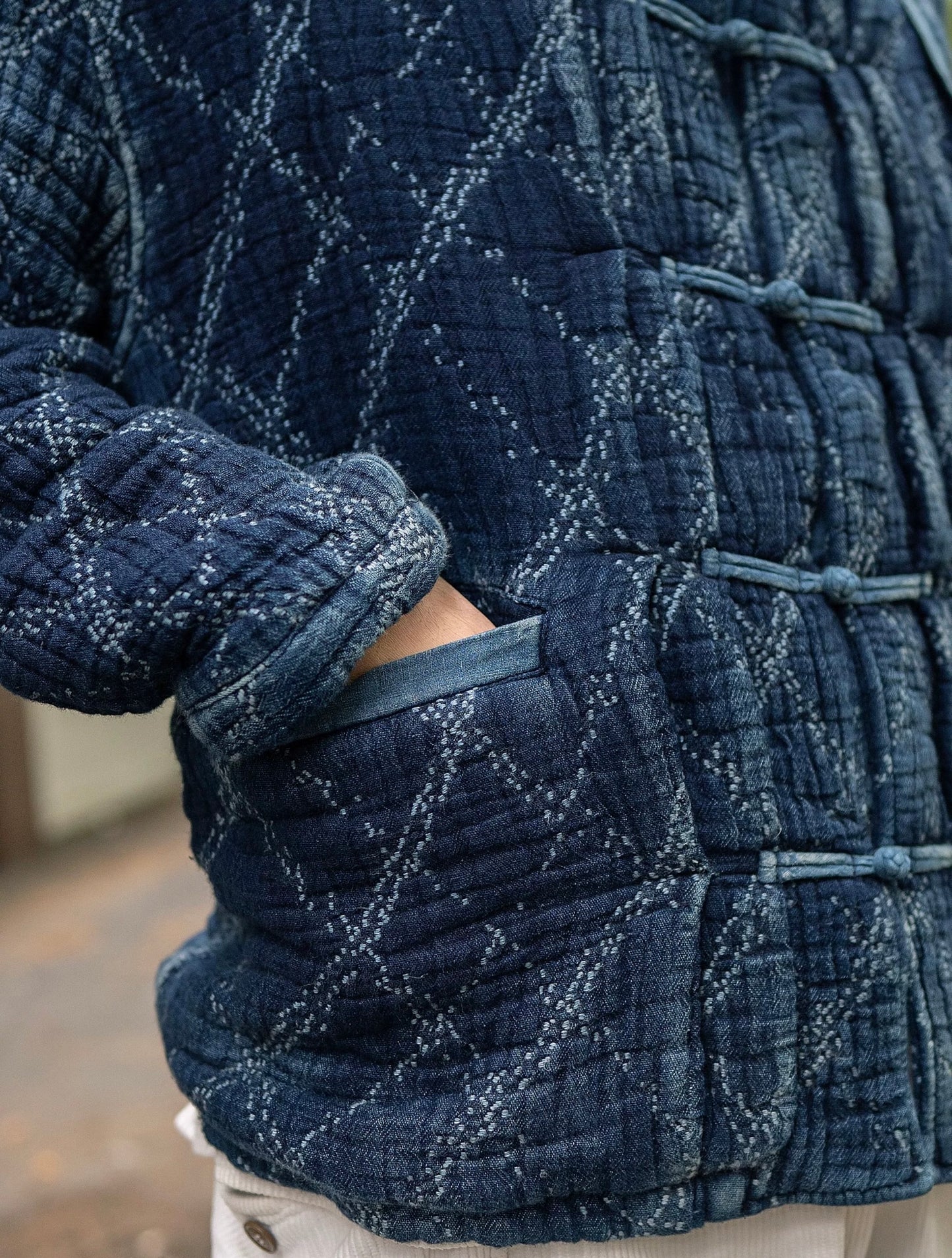 Indigo Dye Heavyweight Checked Sashiko Chinese Coat