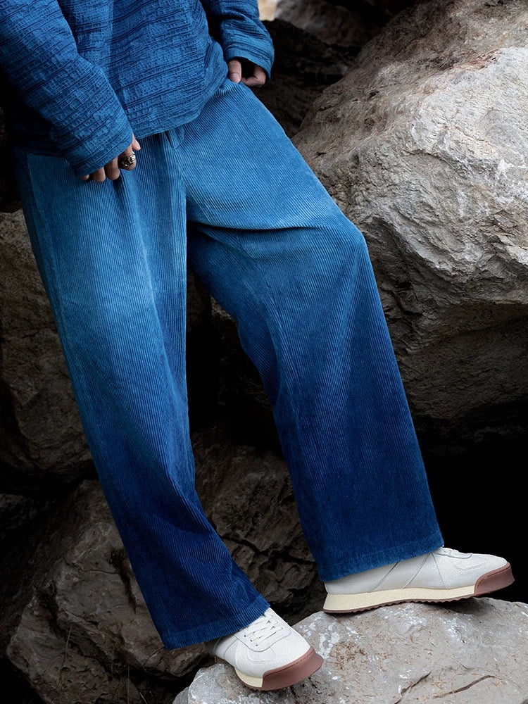Indigo Dip Dye Faded Corduroy Pants - Stylish & Comfortable