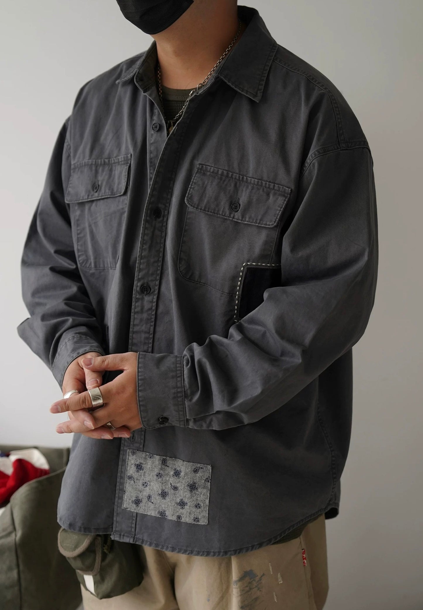 Washed Sashiko Patchwork Long Shirt