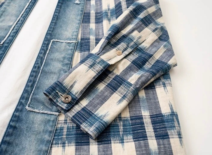 Checked Denim Patchwork Noragi Jacket