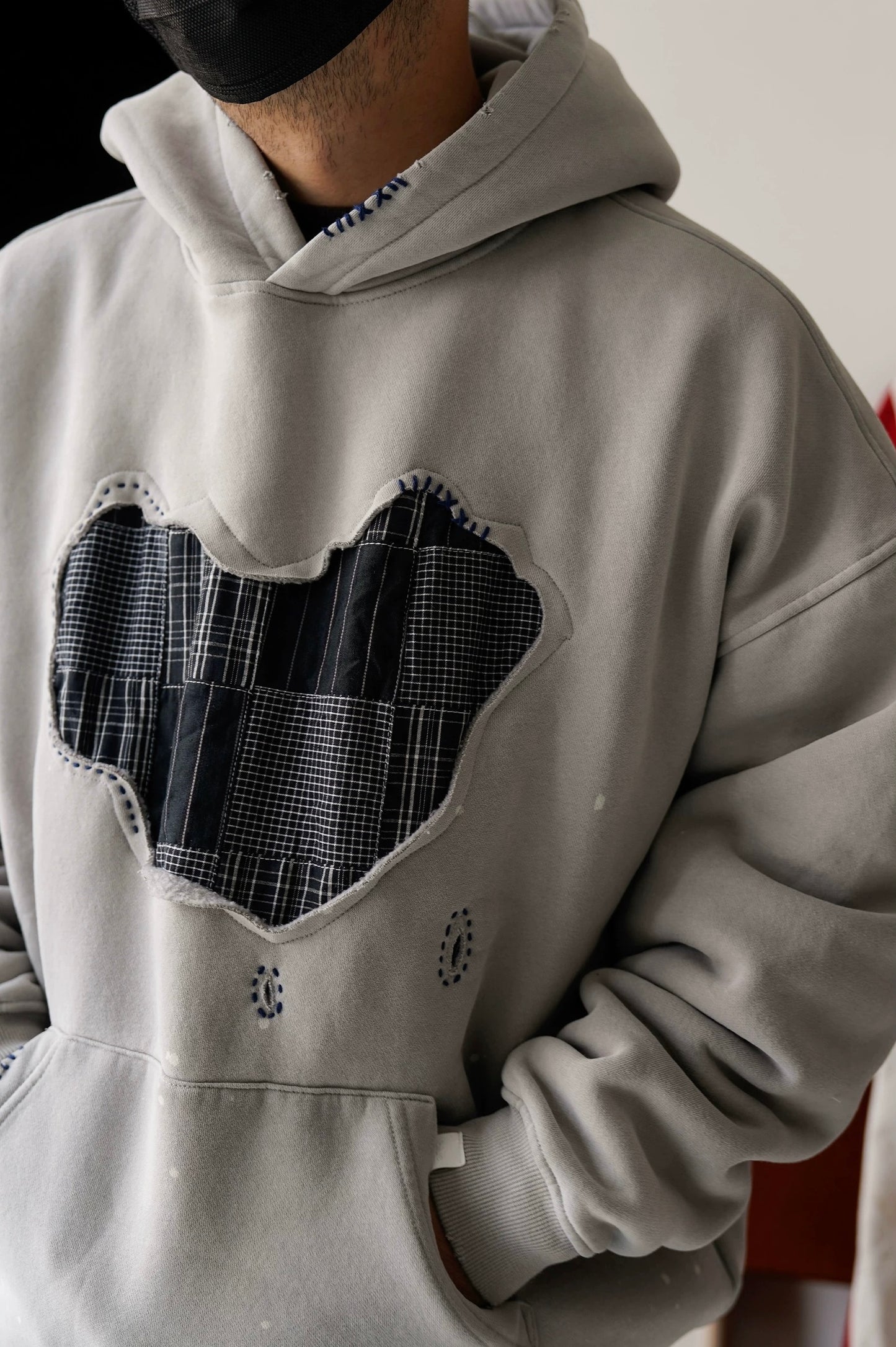Grey Sashiko Map Patchwork Hoodie