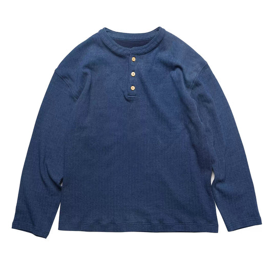 Indigo Dye Knit Henley Long Sleeve T-Shirt