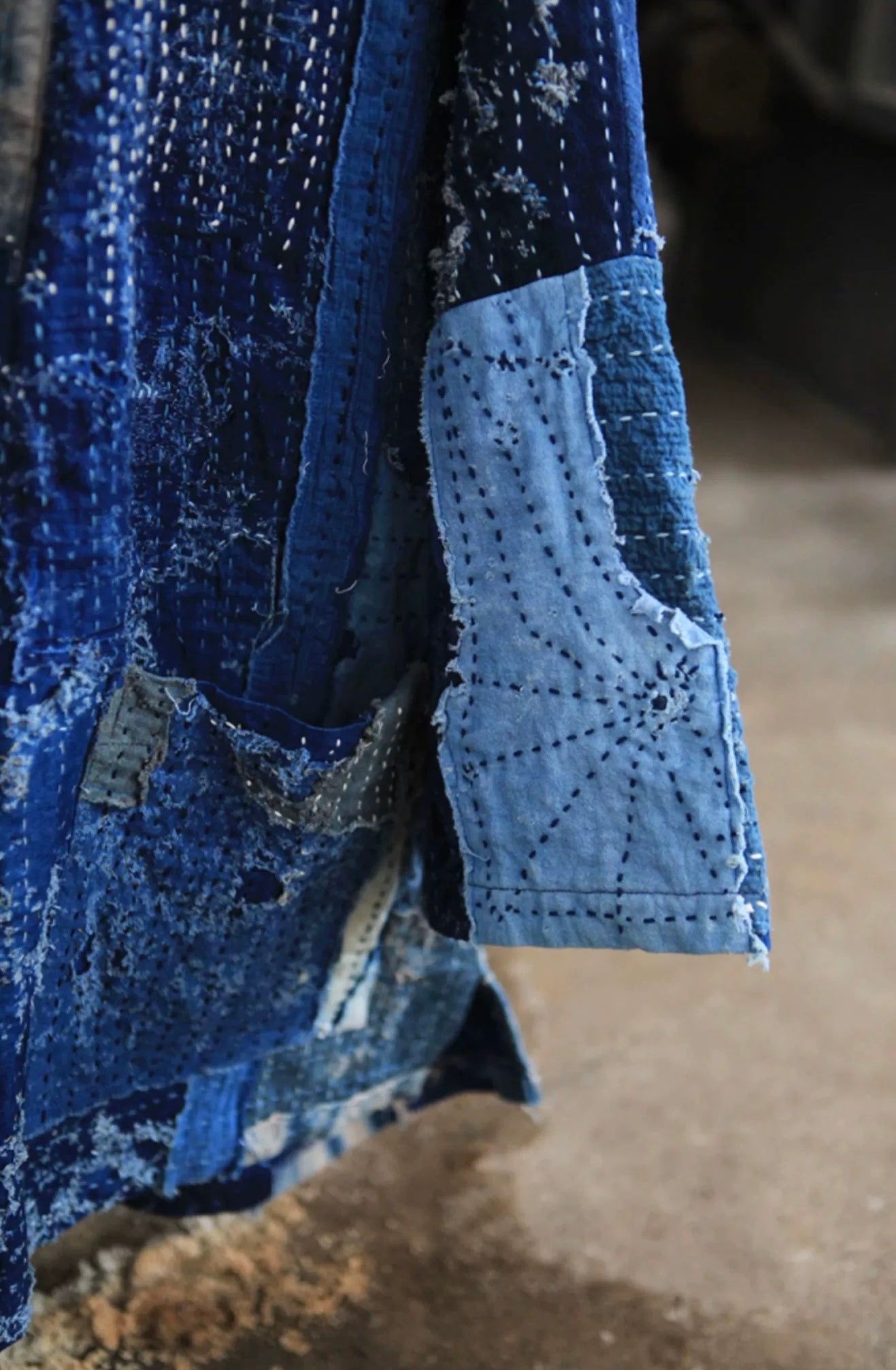 Handmade Indigo Dye Boro Sashiko Kimono Jacket