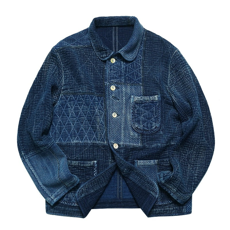 Indigo Dye Patchwork Sashiko Kendo Coat - Dark Blue