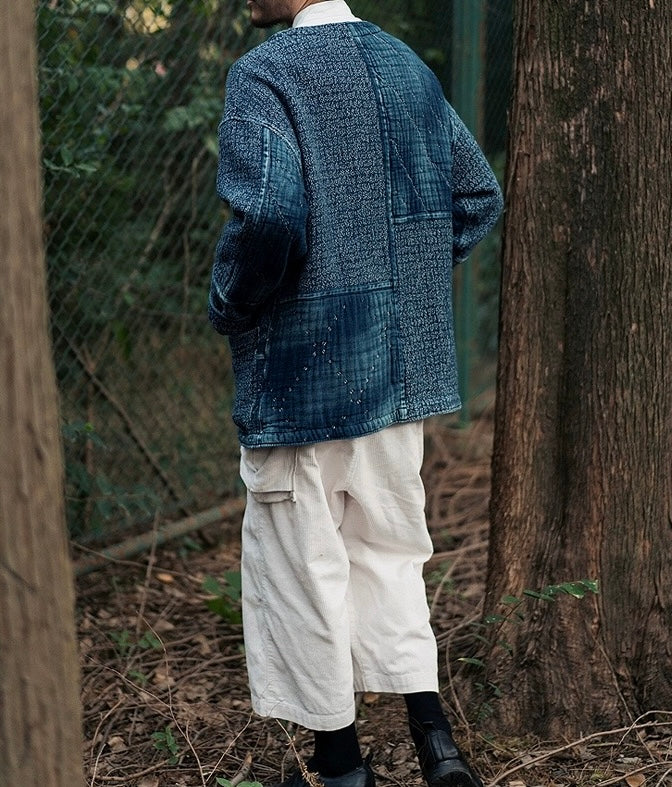 Indigo Dye Sashiko Cherry Blossom Collarless Jacket