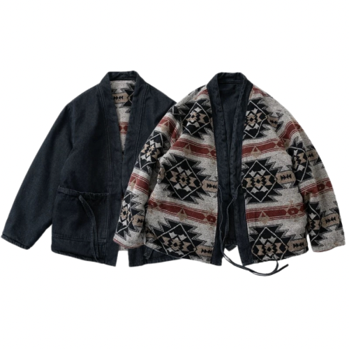 Black Denim Folk Reversible Haori Jacket