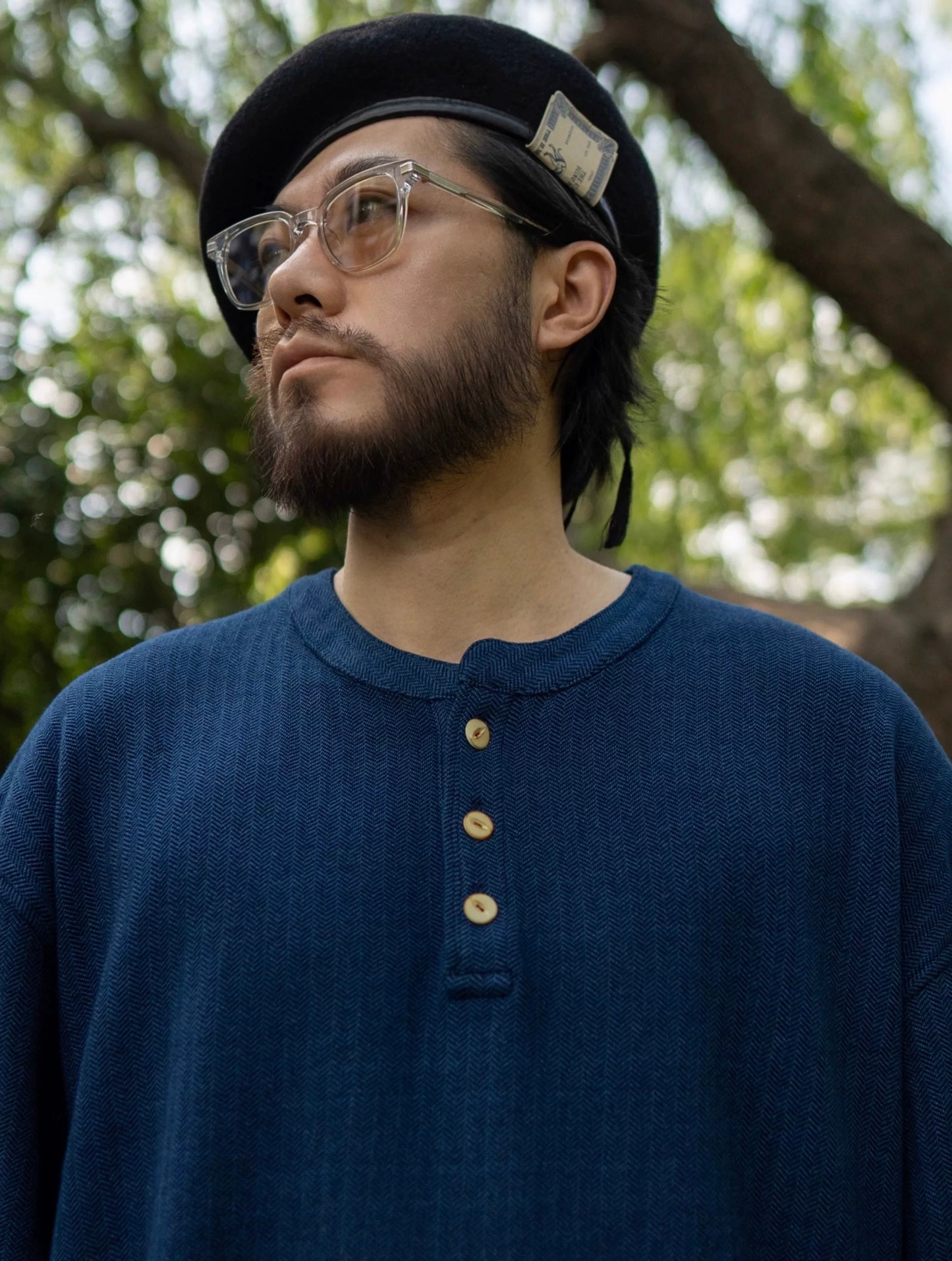 Indigo Dye Knit Henley Long Sleeve T-Shirt