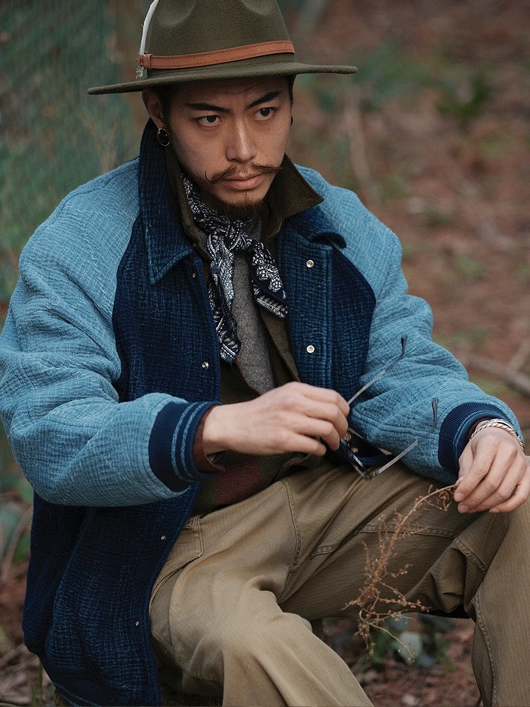 Indigo Dye Sashiko Two Tone Baseball Jacket