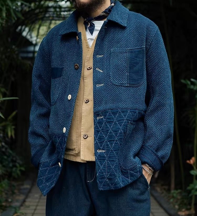 Indigo Dye Patchwork Sashiko 4 Pockets Worker Coat