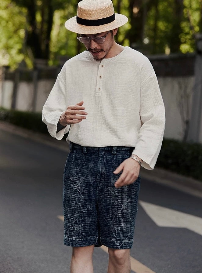 Indigo Dye Sashiko Crossed Shorts