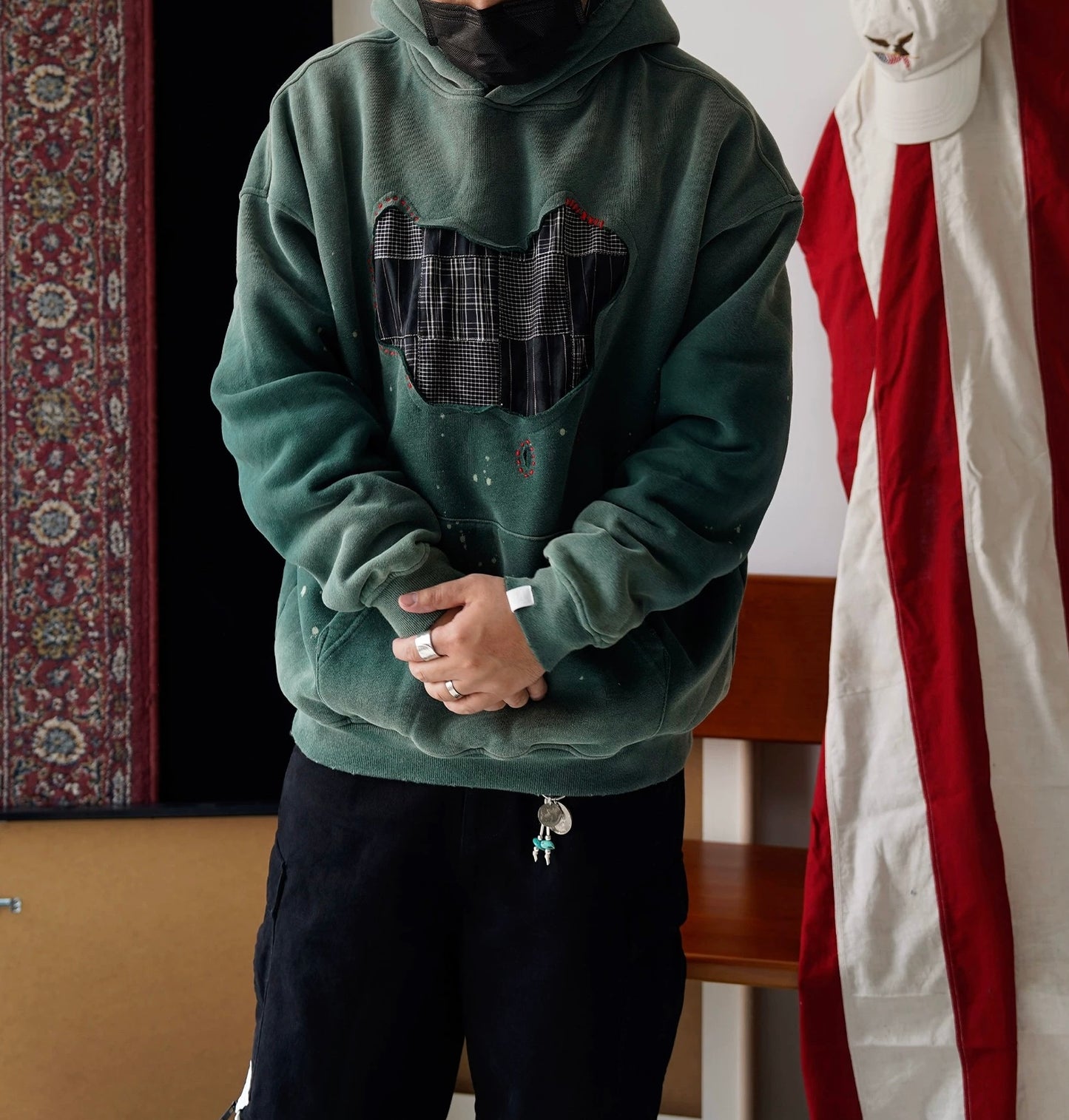 Green Sashiko Map Patchwork Hoodie