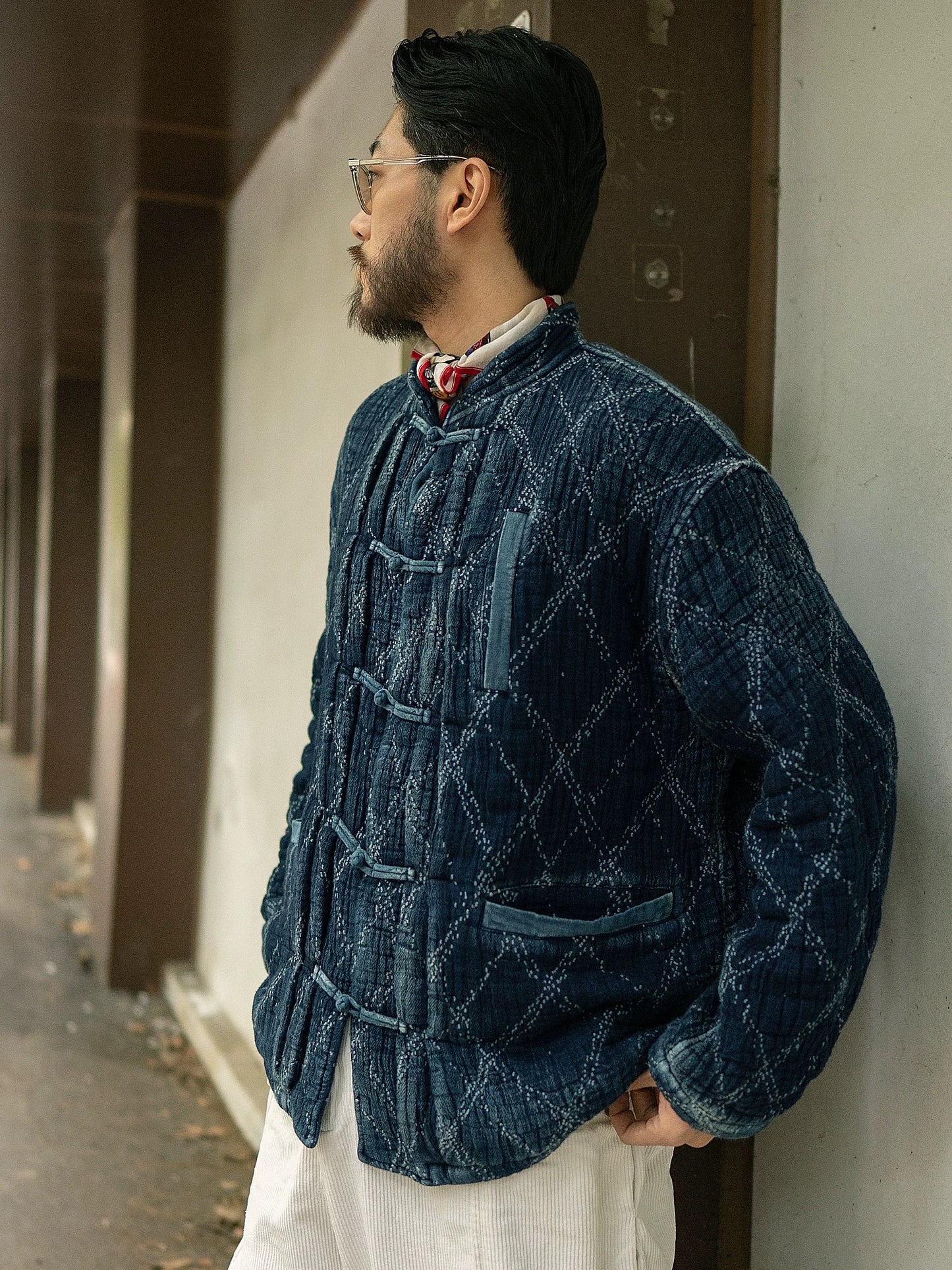 Indigo Dye Heavyweight Checked Sashiko Chinese Coat