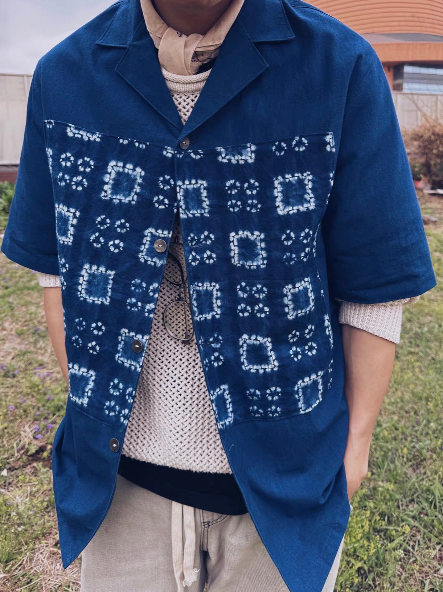 Indigo Dye Patchwork Maze Aloha Shirt