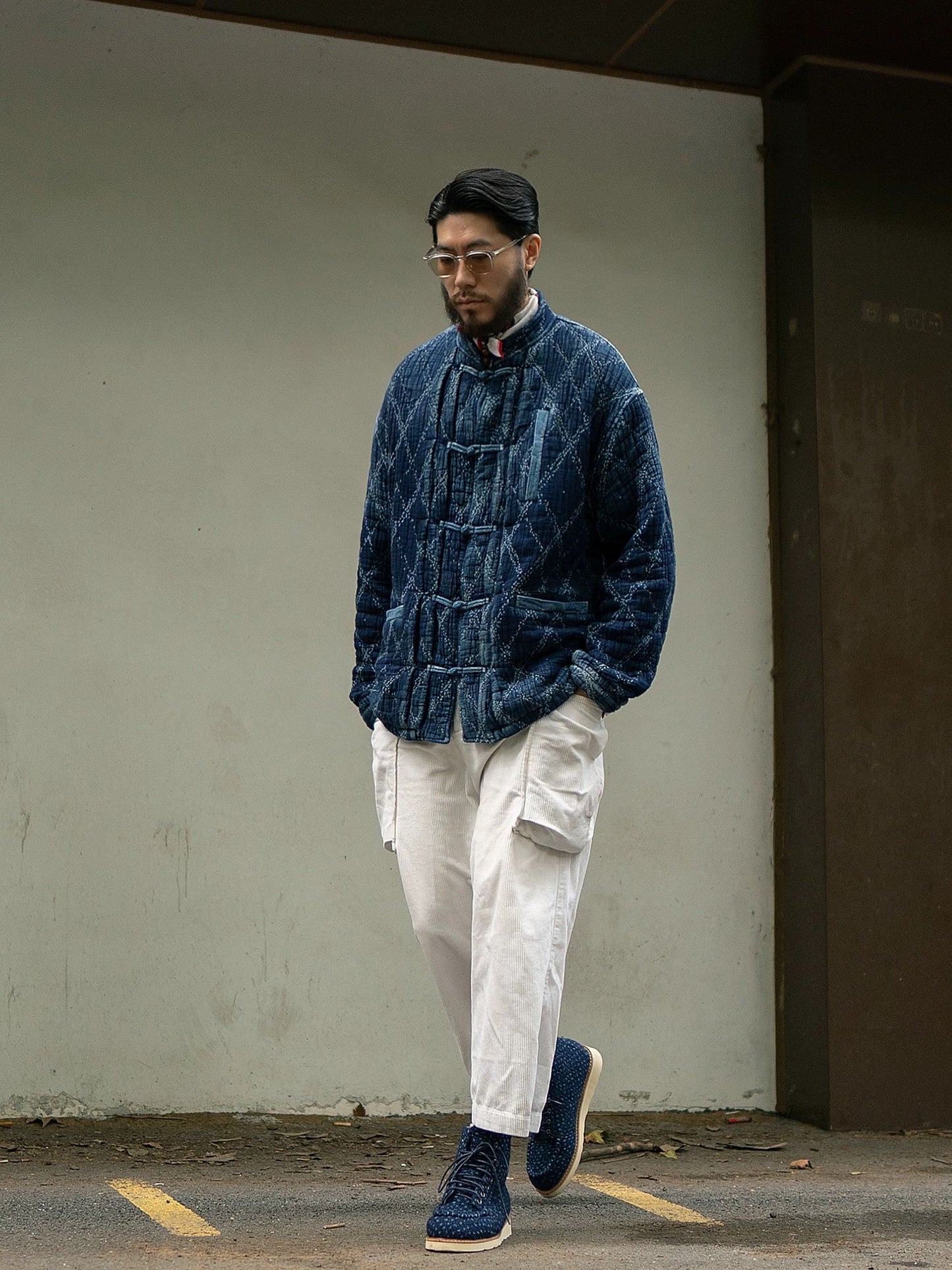 Indigo Dye Heavyweight Checked Sashiko Chinese Coat