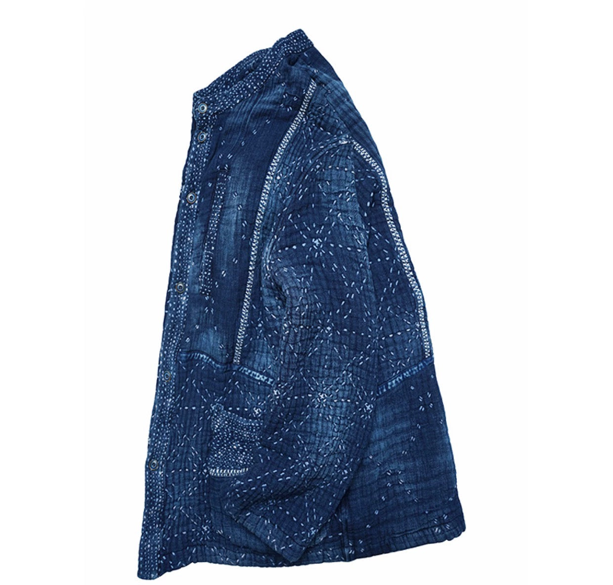 Indigo Dye Patchwork Sashiko Heavyweight Collarless Coat