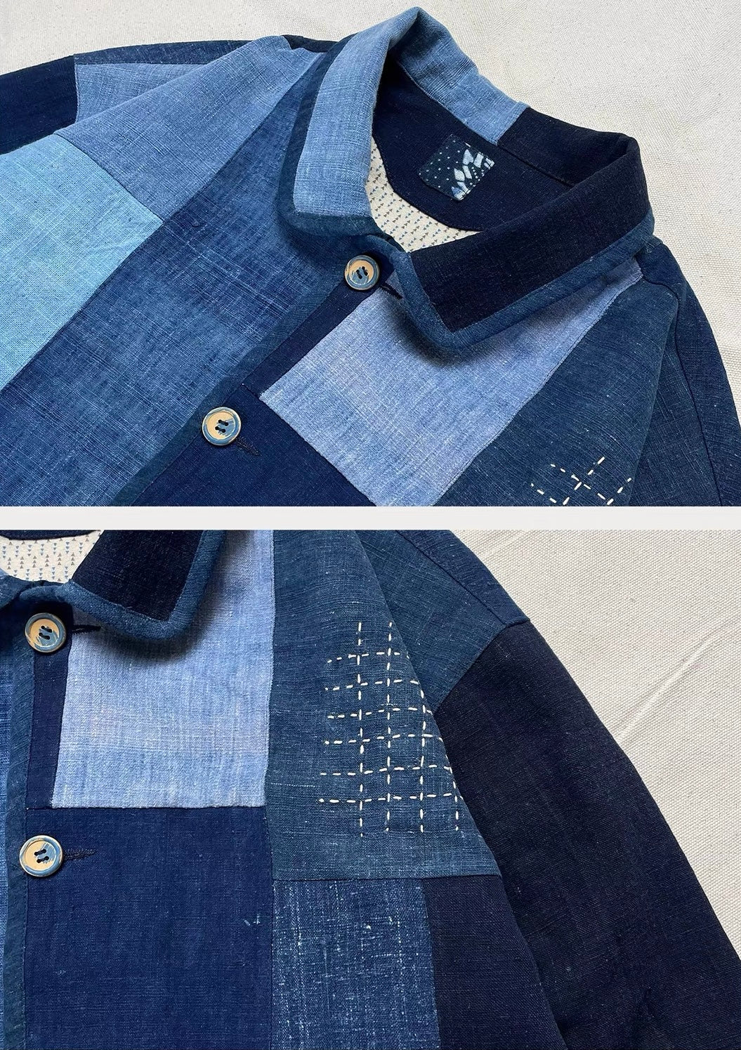 Indigo Dye Boro Patchwork Sashiko Chore Jacket