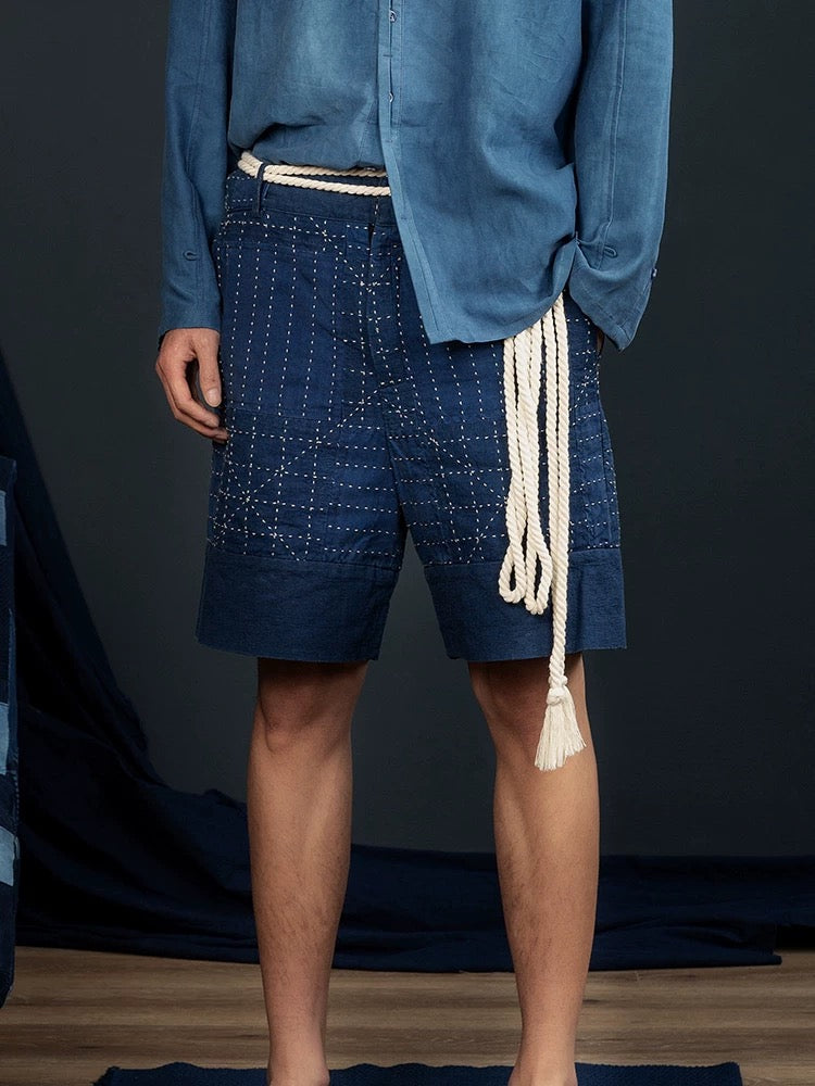 Indigo Dye Patchwork Sashiko Shorts