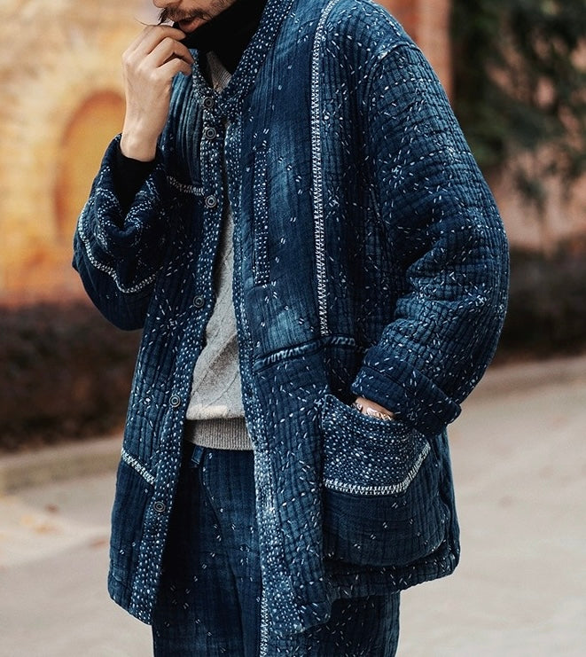 Indigo Dye Patchwork Sashiko Heavyweight Collarless Coat