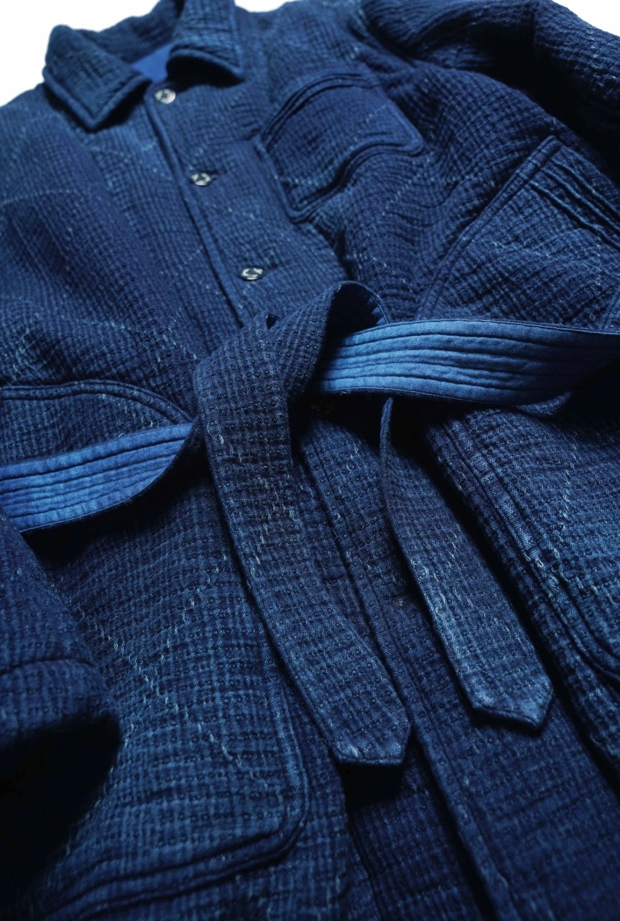 Dark Indigo Dye Sashiko Double-Breasted Coat