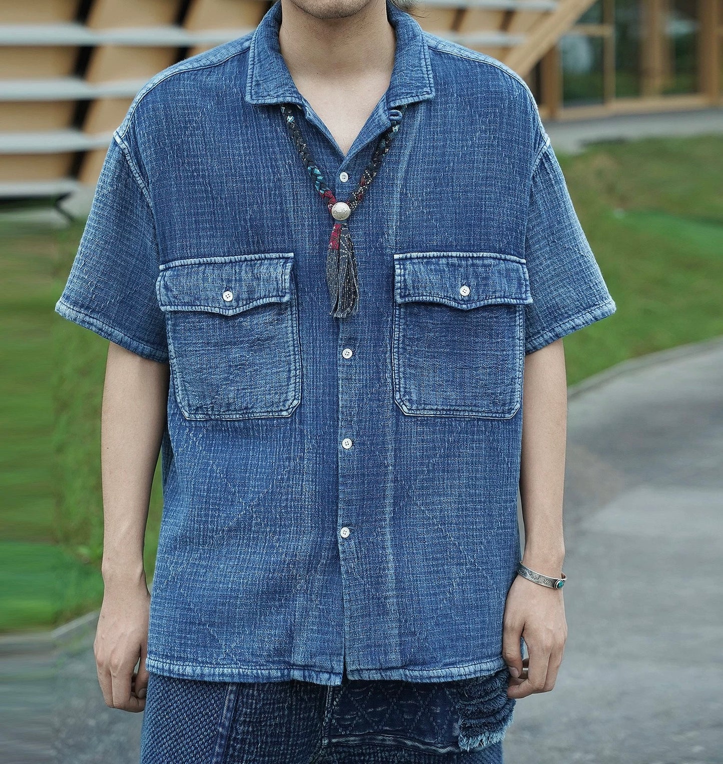 Indigo Dye Sashiko Retro Aloha Shirt