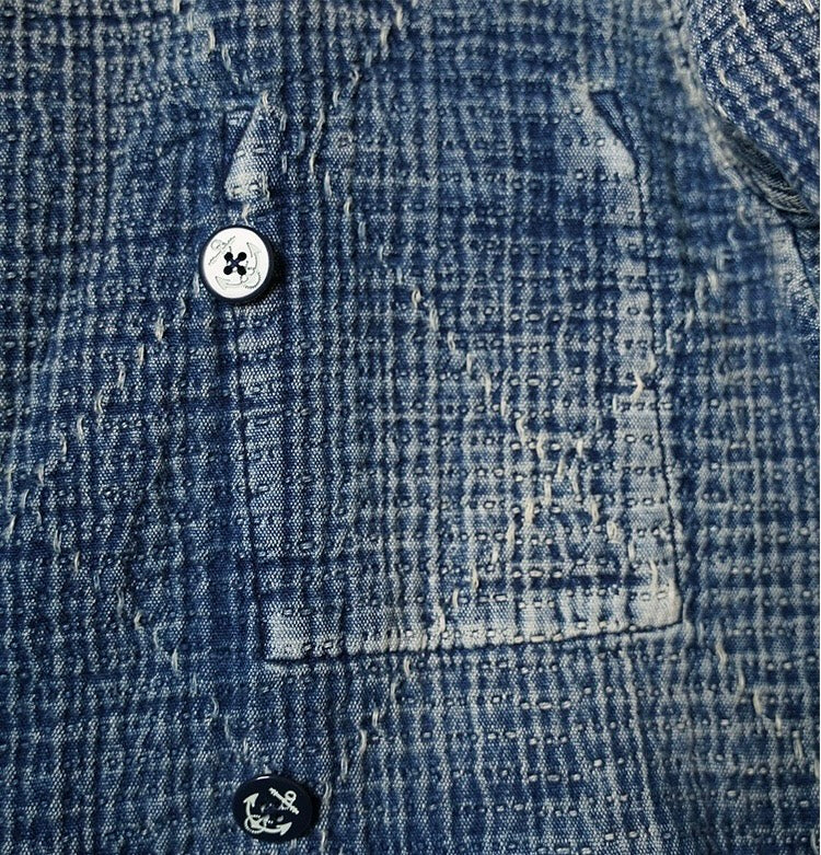 Indigo Dye Sashiko Double-Breasted Coat