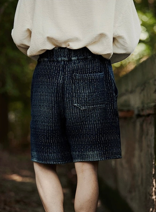 Indigo Dye Sashiko Elastic Waist Shorts