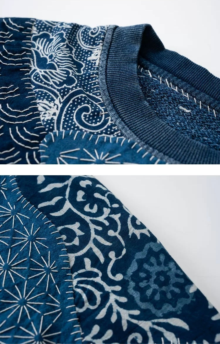 Indigo Dye Patchwork Sashiko Sweatshirt