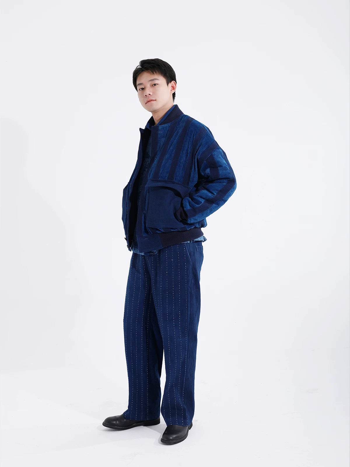 Indigo Dye Patchwork Corduroy Baseball Jacket