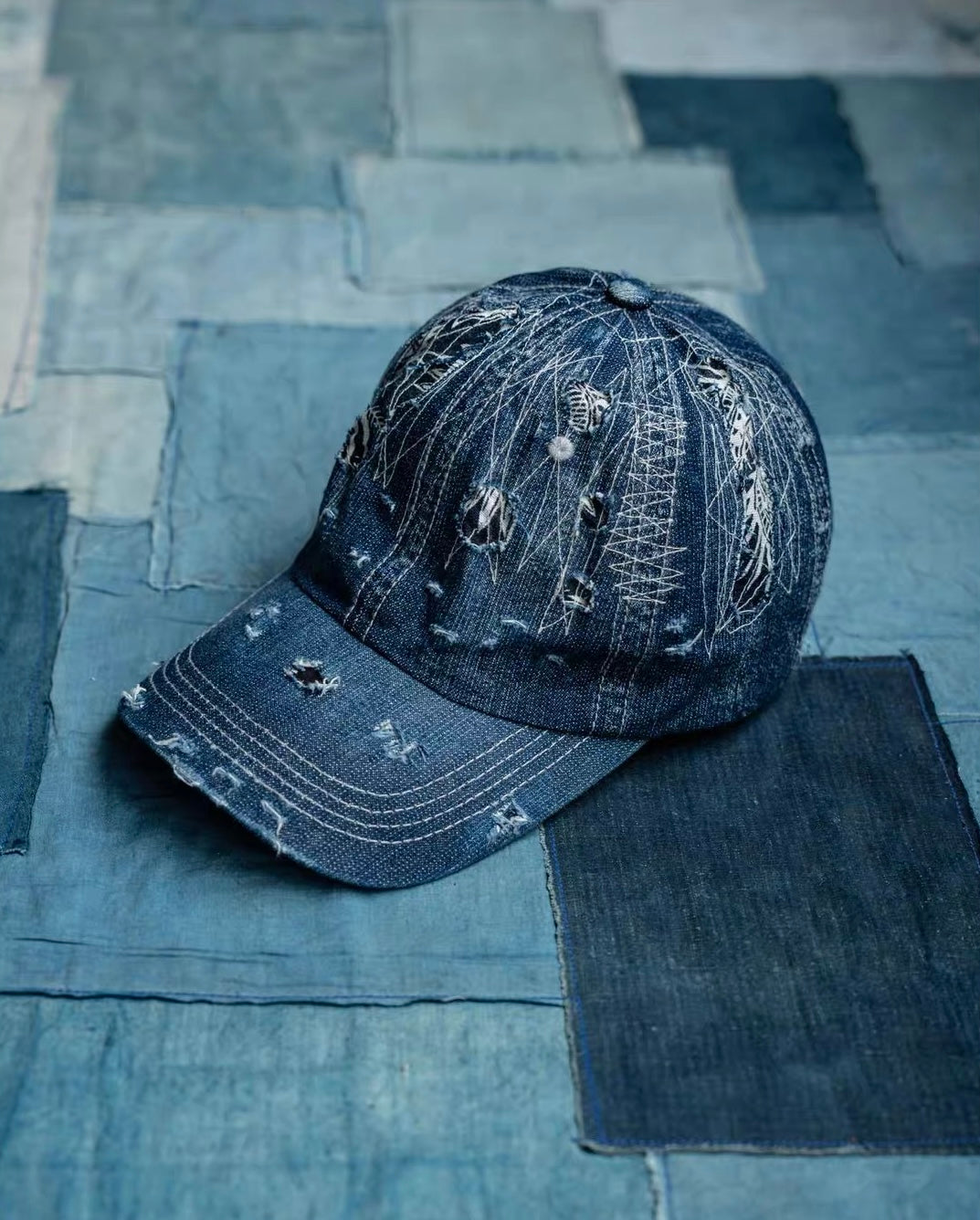 Indigo Dye Distressed Denim Cap