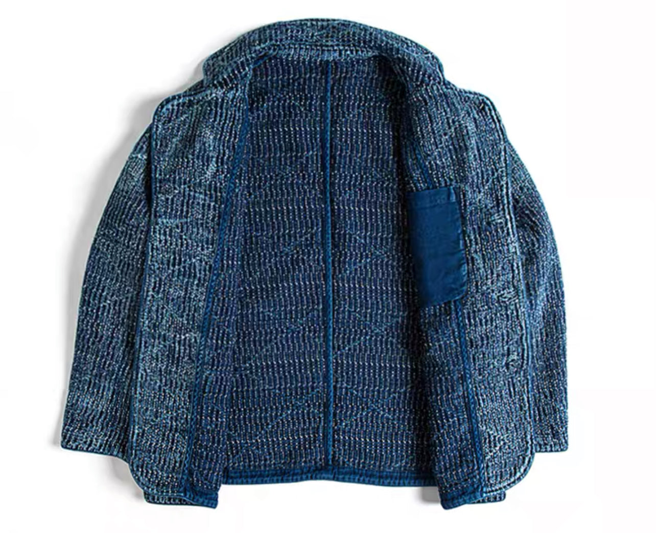 Indigo Dye Sashiko Blazer Casual Jacket - Mid Blue