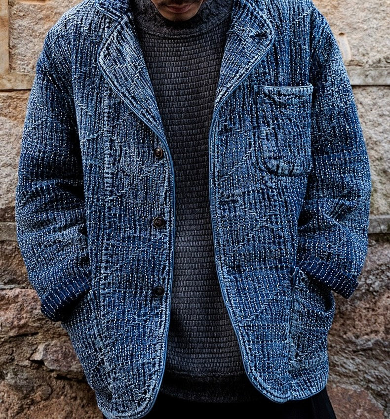 Indigo Dye Sashiko Blazer Casual Jacket - Mid Blue