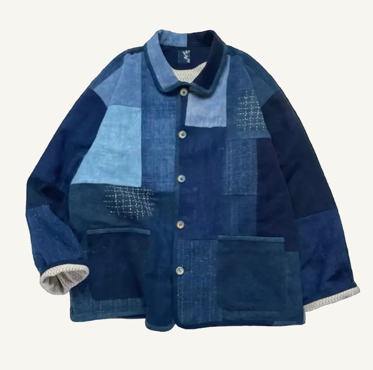Indigo Dye Boro Patchwork Sashiko Chore Jacket