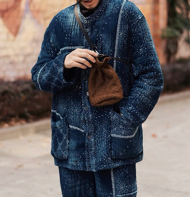 Indigo Dye Patchwork Sashiko Heavyweight Collarless Coat