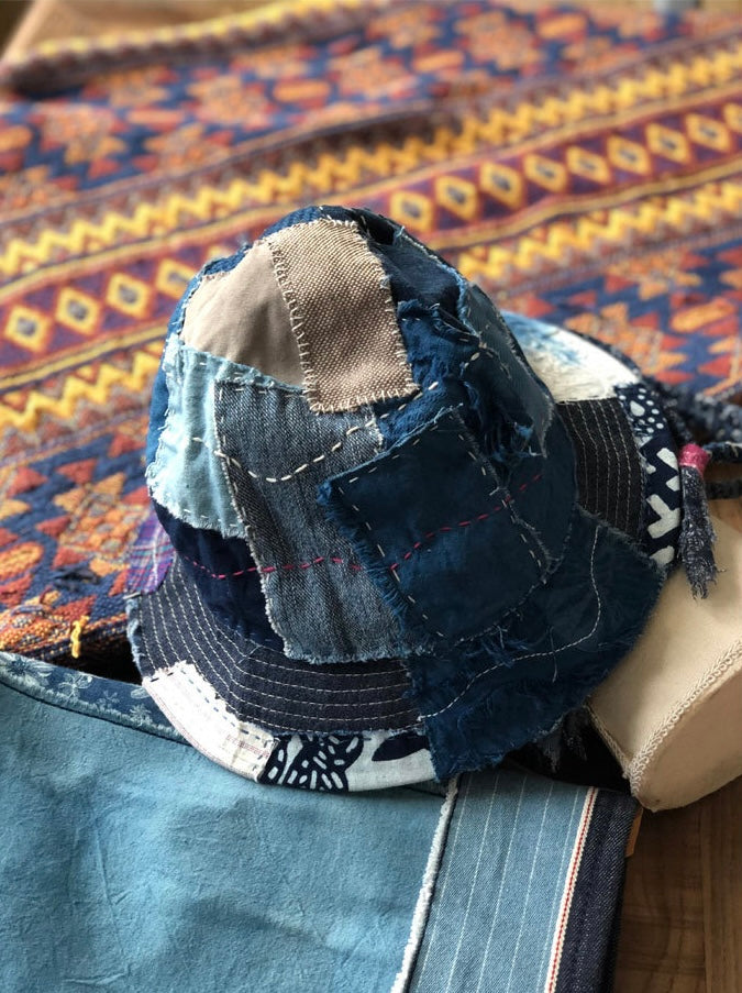 Indigo Dye Sashiko Patchwork Bucket Hat