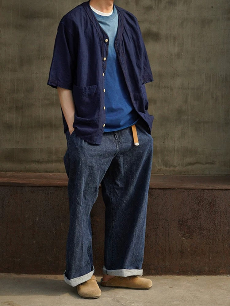 Indigo Dye Short Sleeves Baseball Shirt