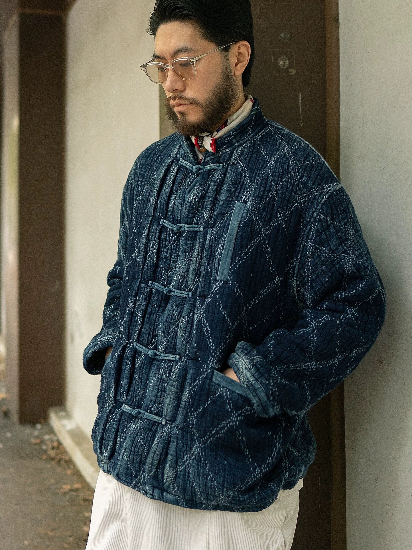 Indigo Dye Heavyweight Checked Sashiko Chinese Coat