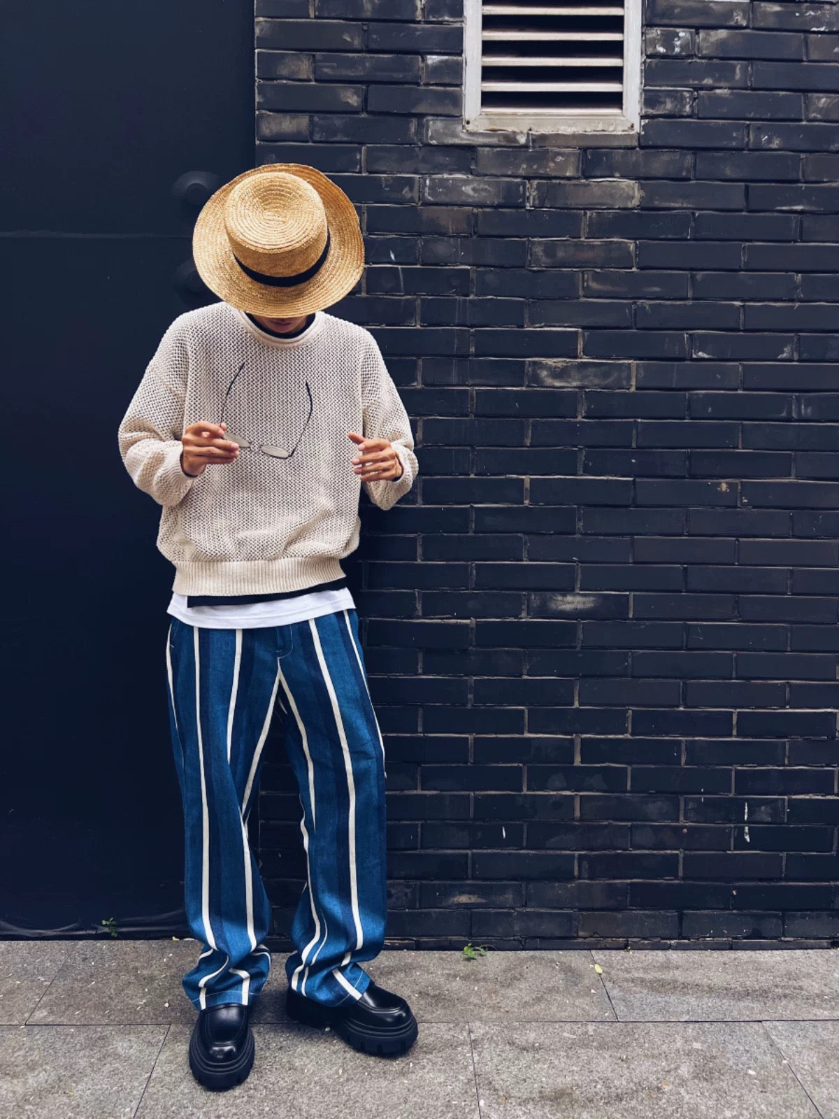Denim Patchwork Striped Pants