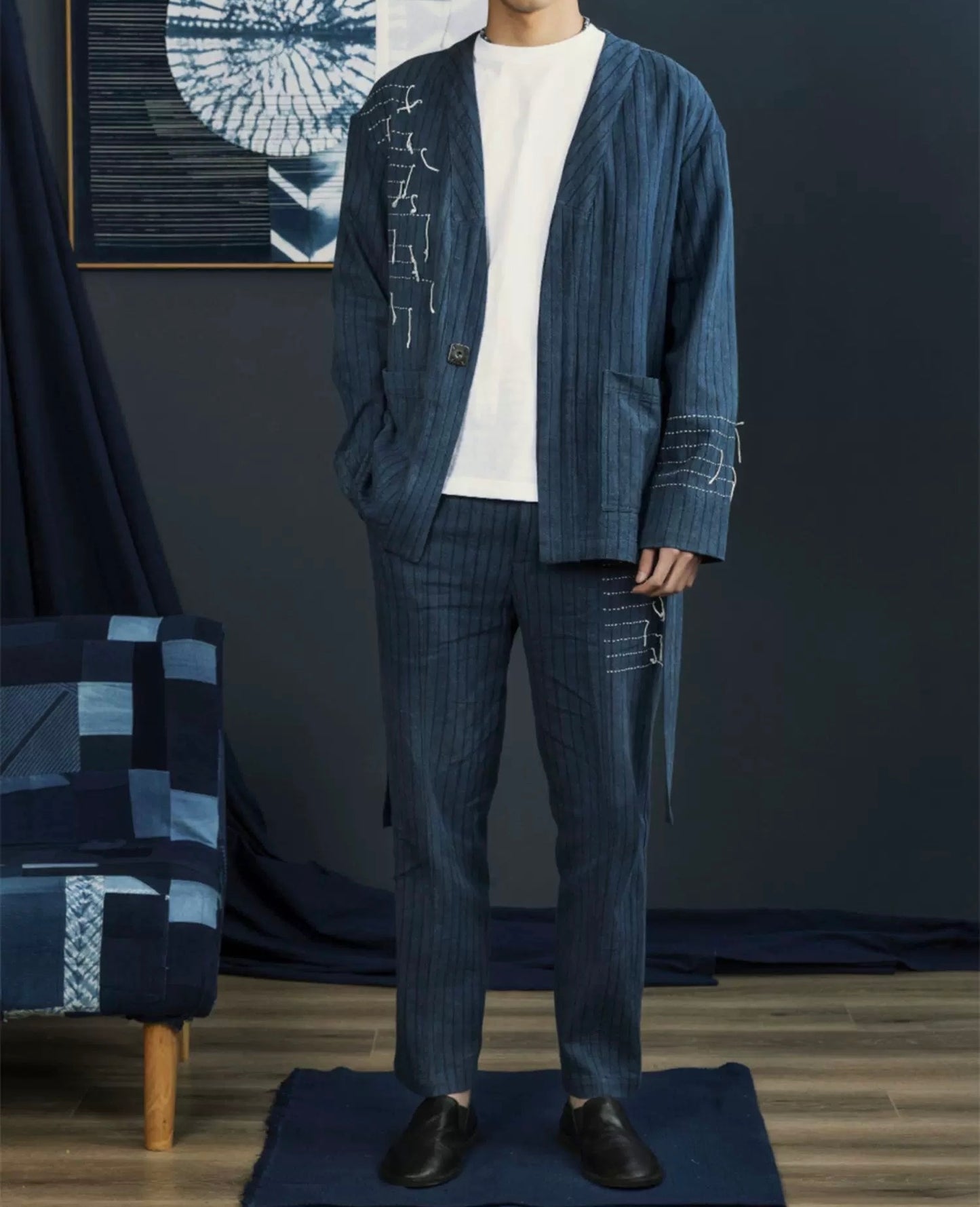 Indigo Dye Striped Sashiko Haori Jacket