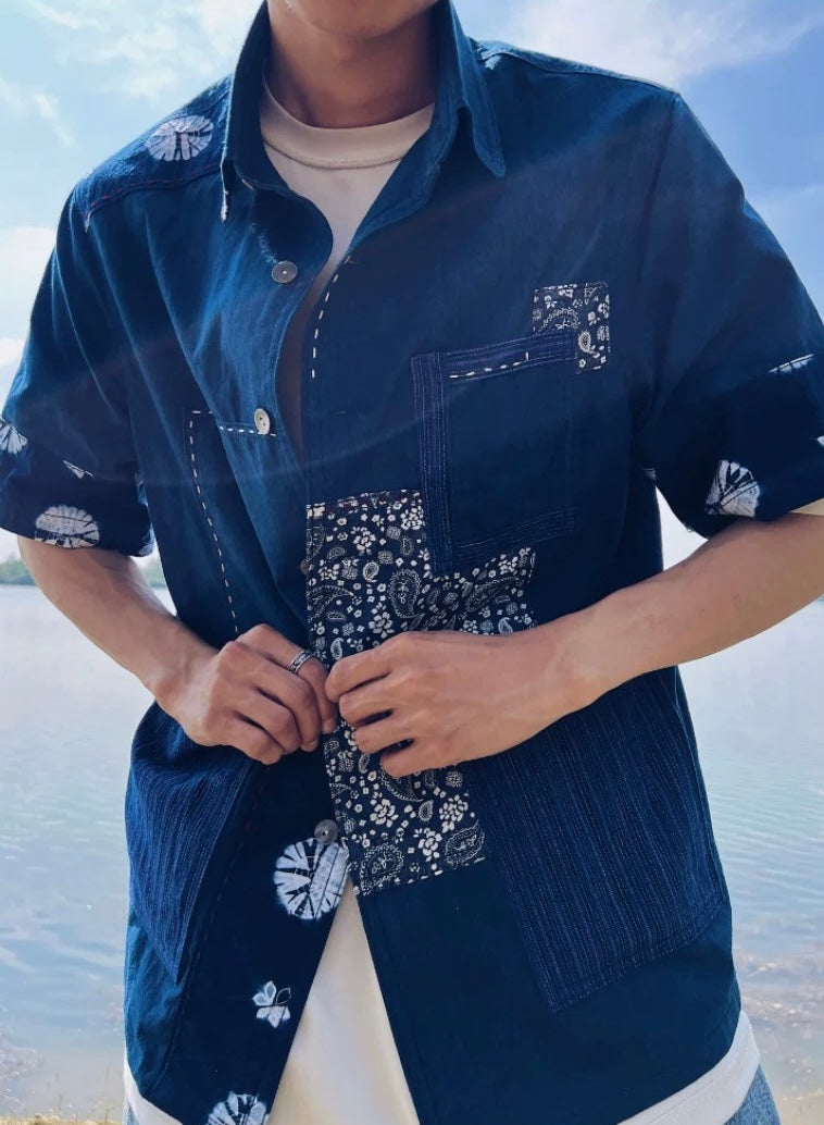 Indigo Dye Kofu Patchwork Aloha Shirt