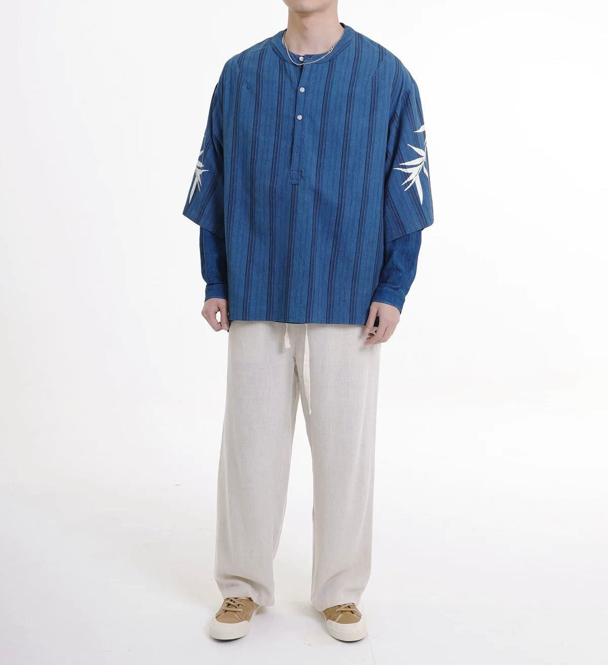 Indigo Discharge Dye Collarless Shirt