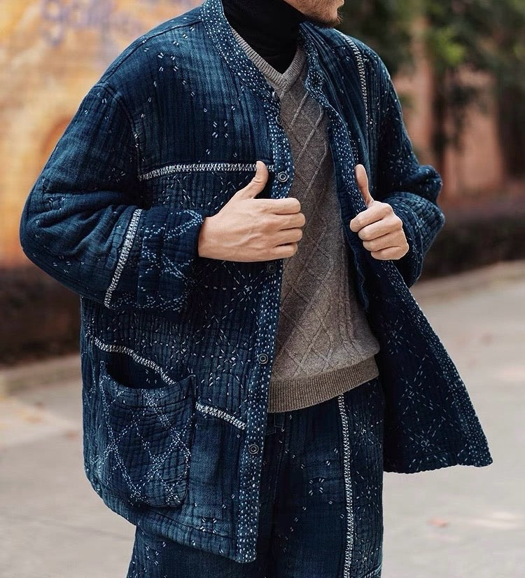 Indigo Dye Patchwork Sashiko Heavyweight Collarless Coat