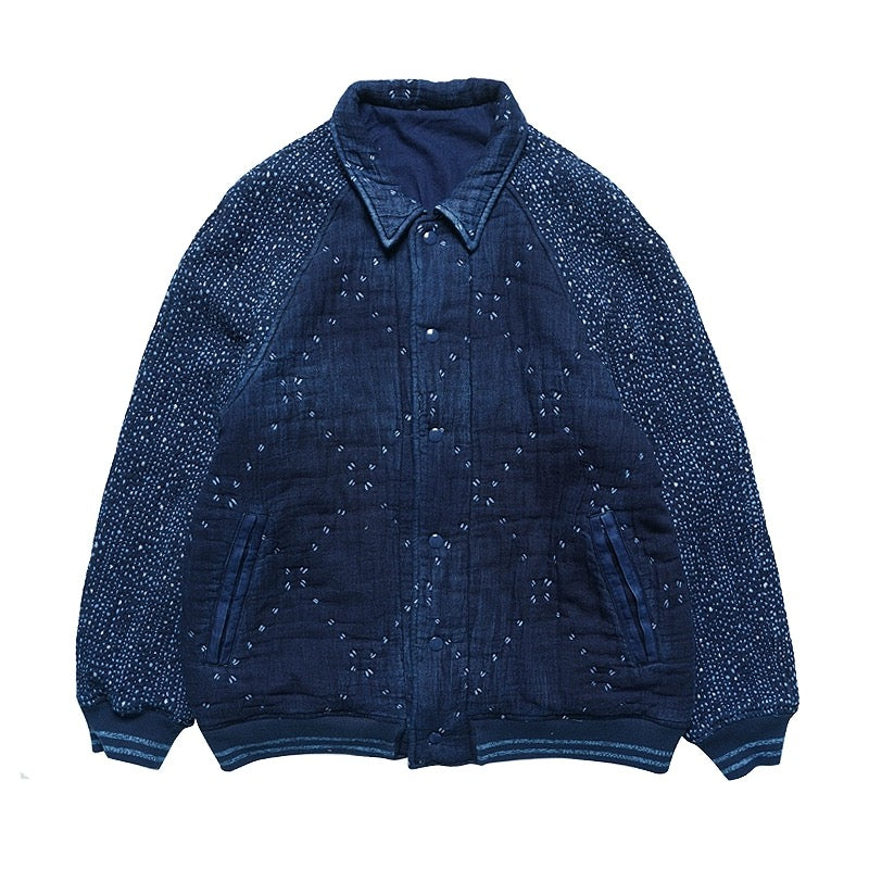 Indigo Dye Sashiko Baseball Varsity Jacket