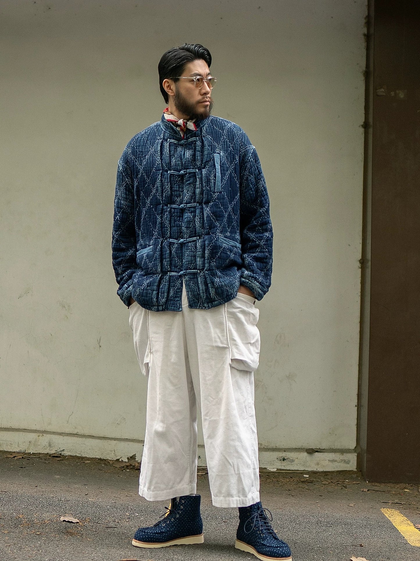 Indigo Dye Heavyweight Checked Sashiko Chinese Coat