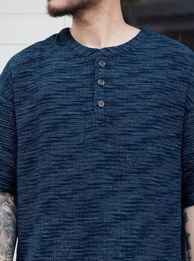 Indigo Dye Sashiko Kasuri Henley T-Shirt