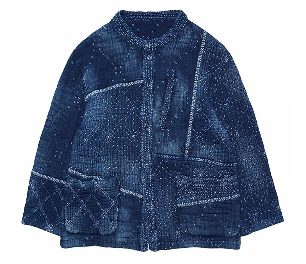 Indigo Dye Patchwork Sashiko Heavyweight Collarless Coat