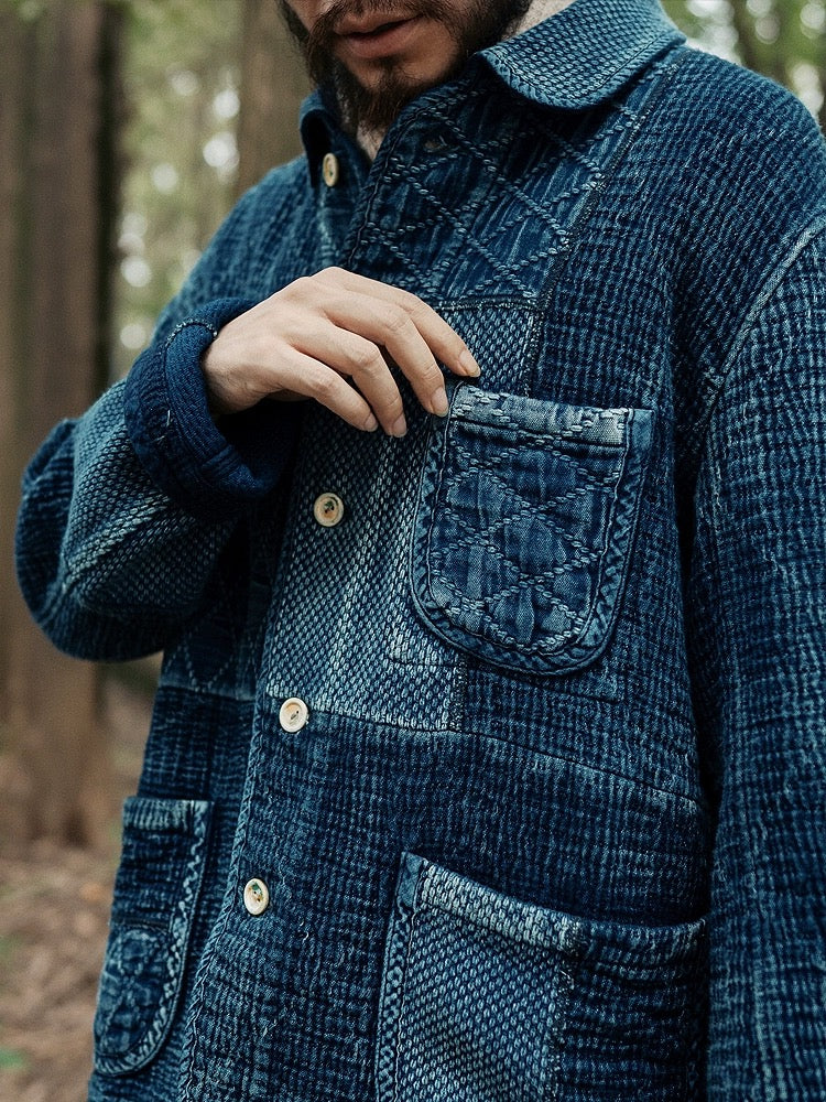 Indigo Dye Patchwork Sashiko Kendo Coat - Dark Blue